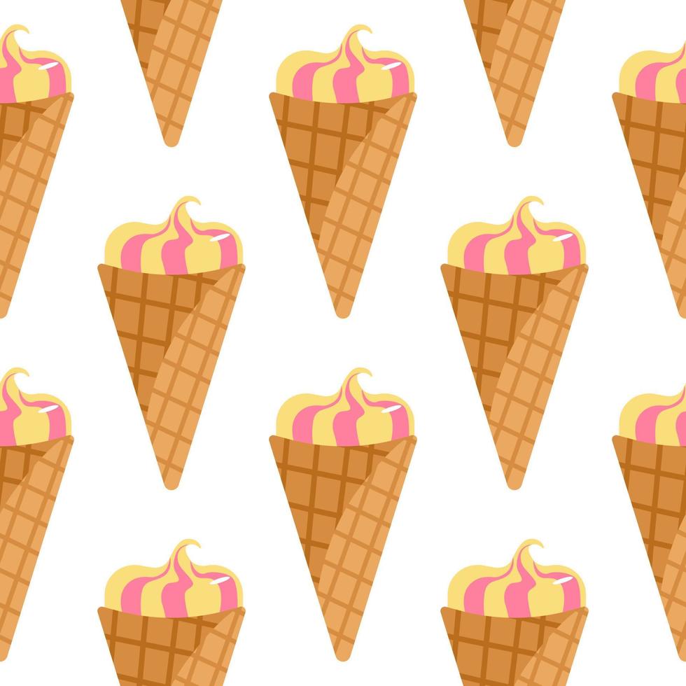 Isolated seamless pattern with ice cream. Frozen cream in waffle cone on white background. vector