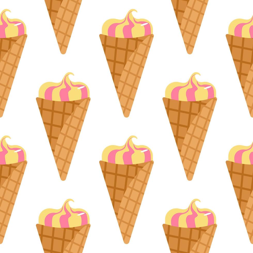 Isolated seamless pattern with ice cream. Frozen cream in waffle cone on white background. vector