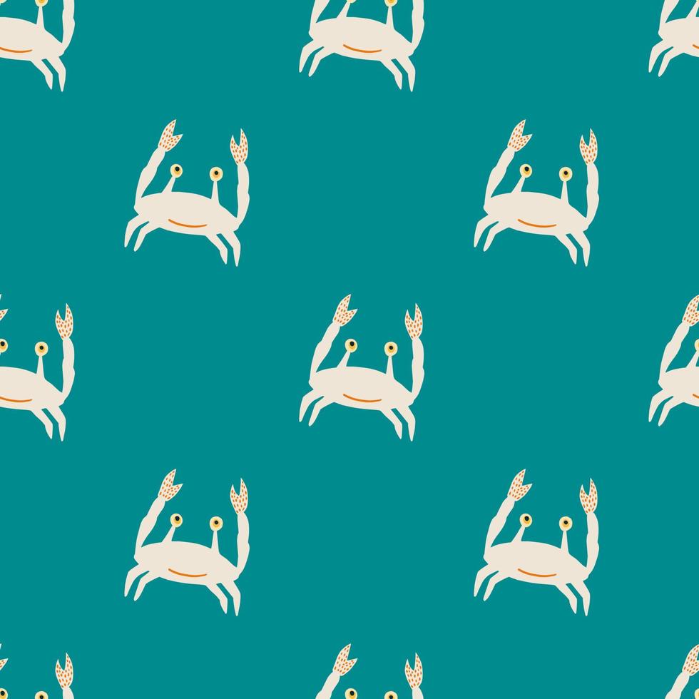 Bright seamless marine pattern with white crabs ornament. Turquoise background. vector