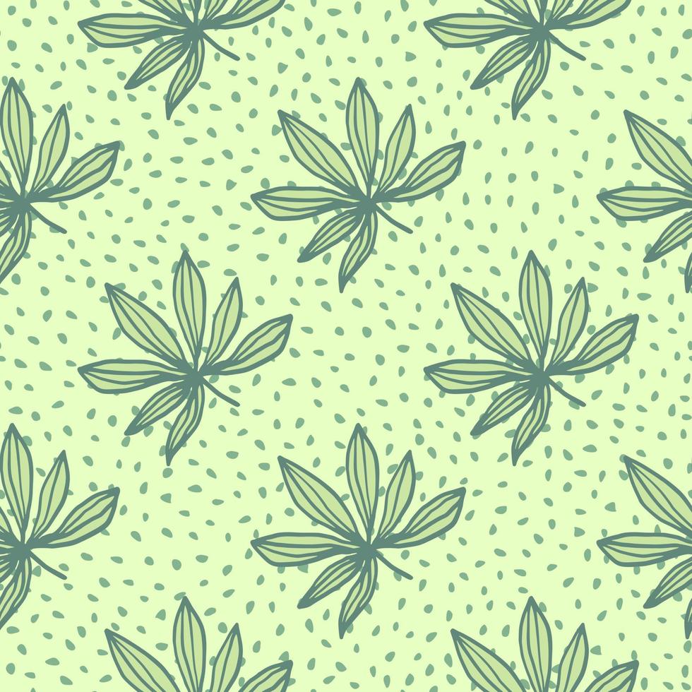 Simple cannabis ornament with green outline leaves. Light yellow background with dots. vector