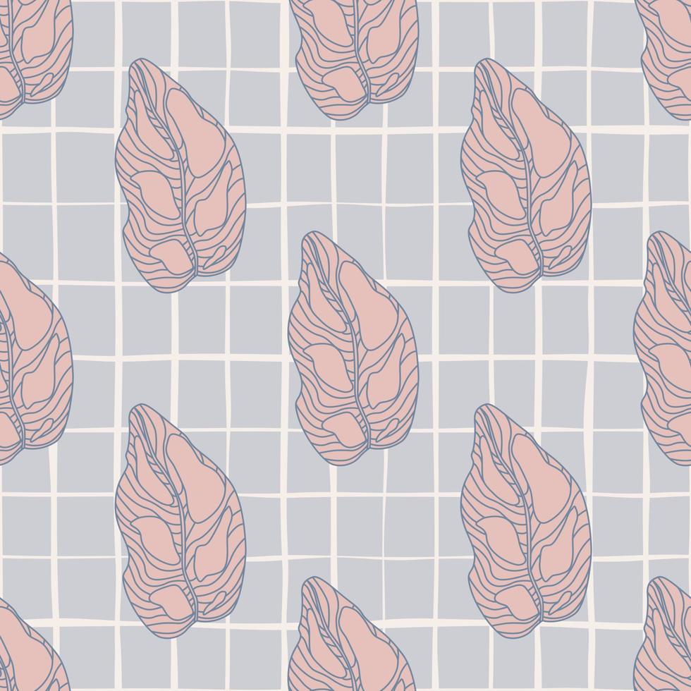 Hand drawn seamless doodle pattern with botanic pink outline leaves. Grey chequered background. vector