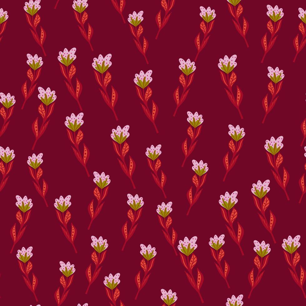Nature seamless pattern with little decorative flowers elements. Pink, red, maroon shapes. Hand drawn srtyle. vector