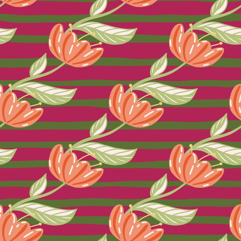 Seamless pattern with floral poppy flowers shapes. Diagonal ornament. Pink striped background. Simple print. vector