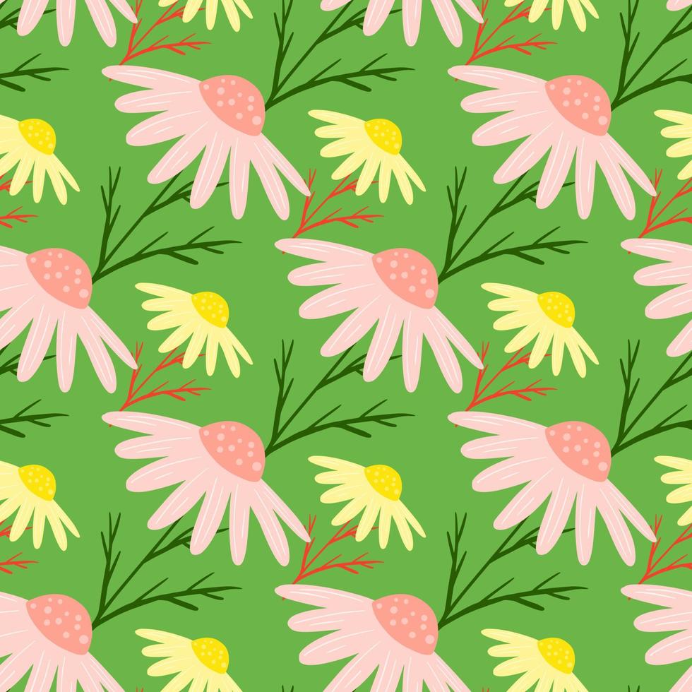 Summer style seamless pattern with cute pink and yellow chamomile flowers shapes. Green background. vector