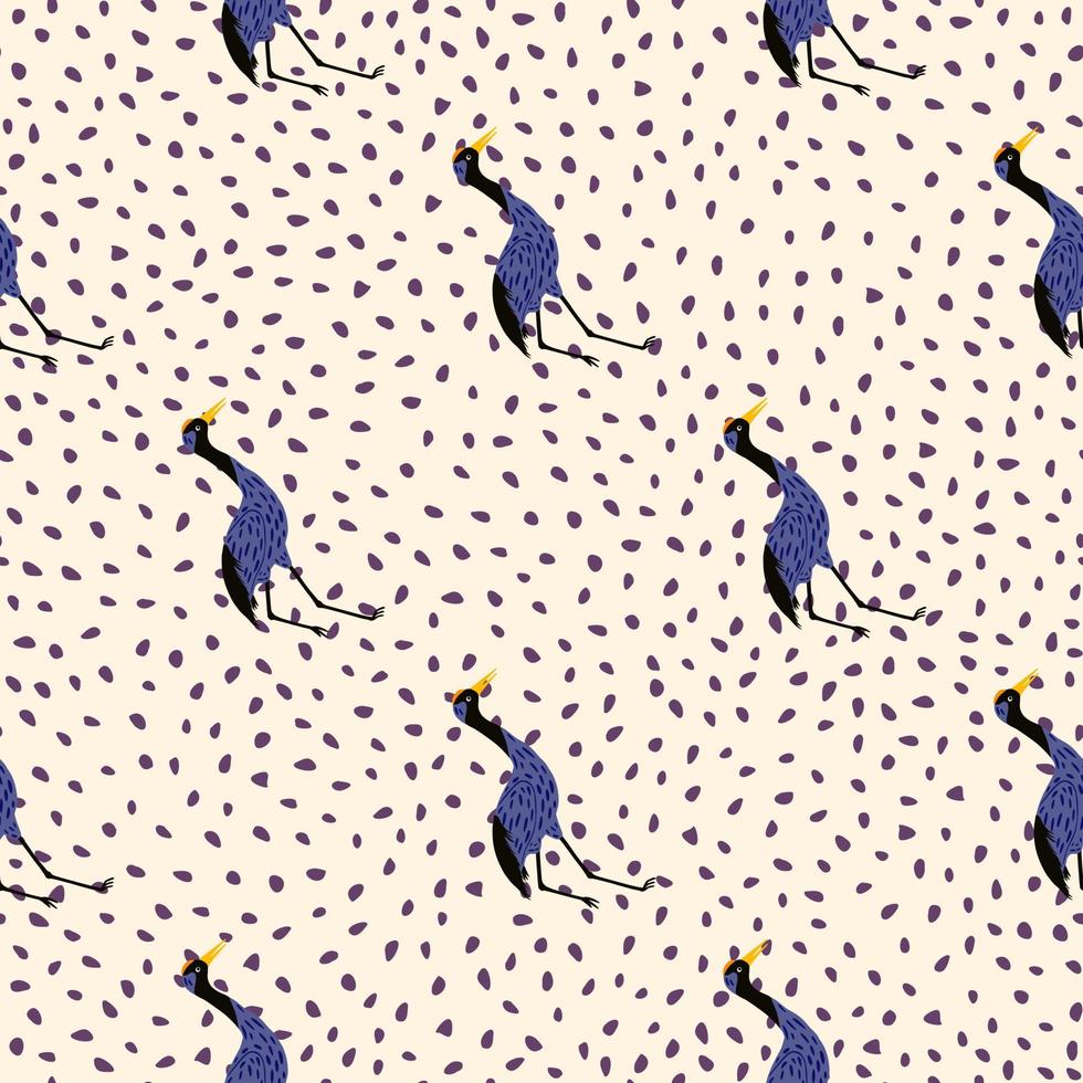 Abstract animal exotic seamless pattern with blue crane bird silhouettes. White dotted background. Simple style. vector