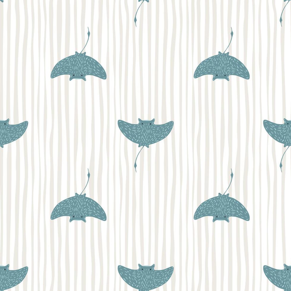Doodle style seamless pattern with blue stingray silhouettes. Light striped background. vector