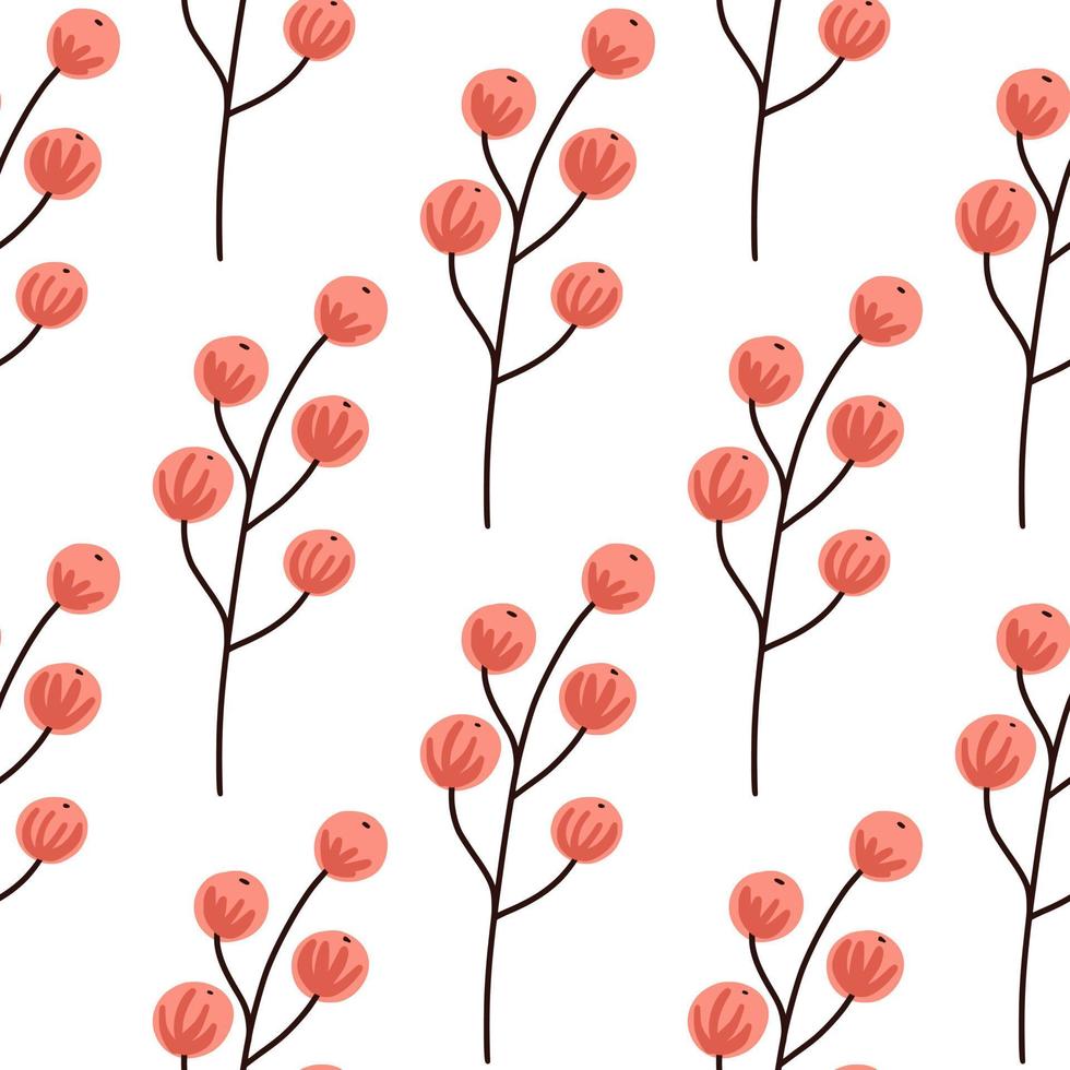 Forest seamless wild pattern with red isolated berries print. Hand drawn food ornament on white background. vector