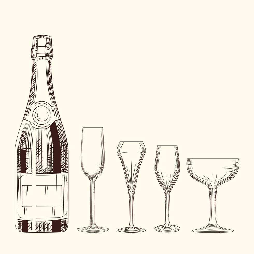 Hand drawn champagne bottle and glass. Engraving style on white background. vector