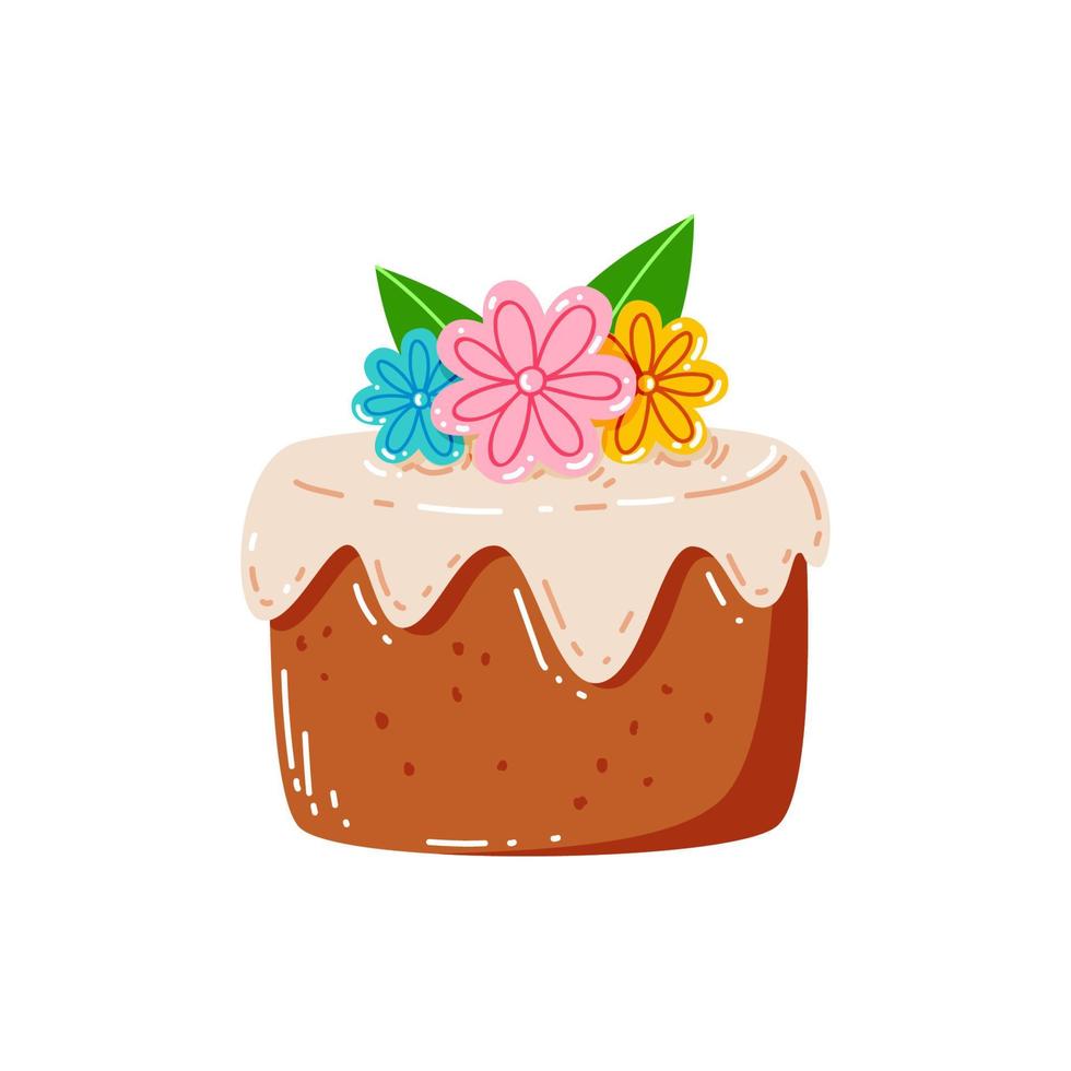 Cartoon birthday cake with creamy flowers. Cute vector illustration