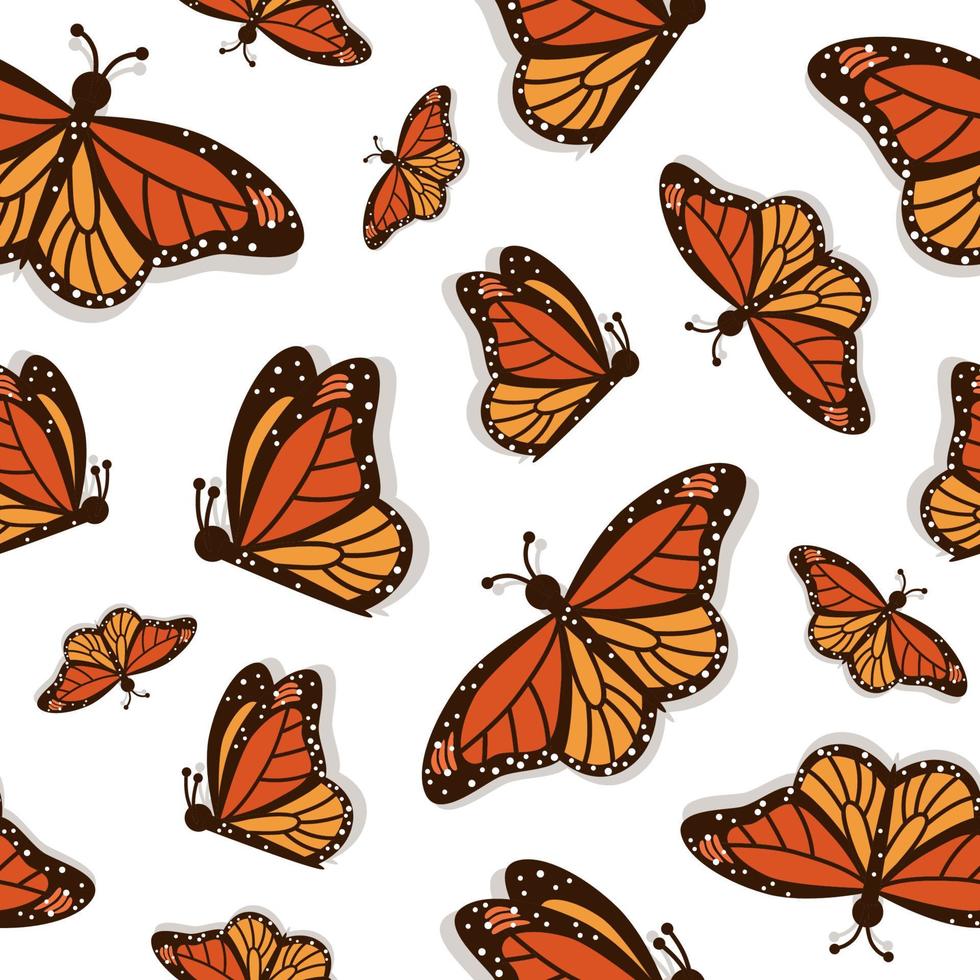Hand drawn flying Monarch butterflies. Vector seamless pattern