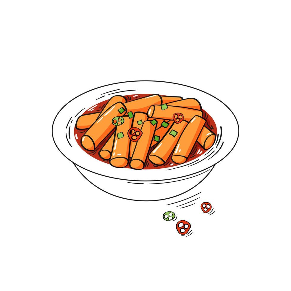 Rice cakes tteokbokki in bowl with spicy sauce. Sketch vector illustration
