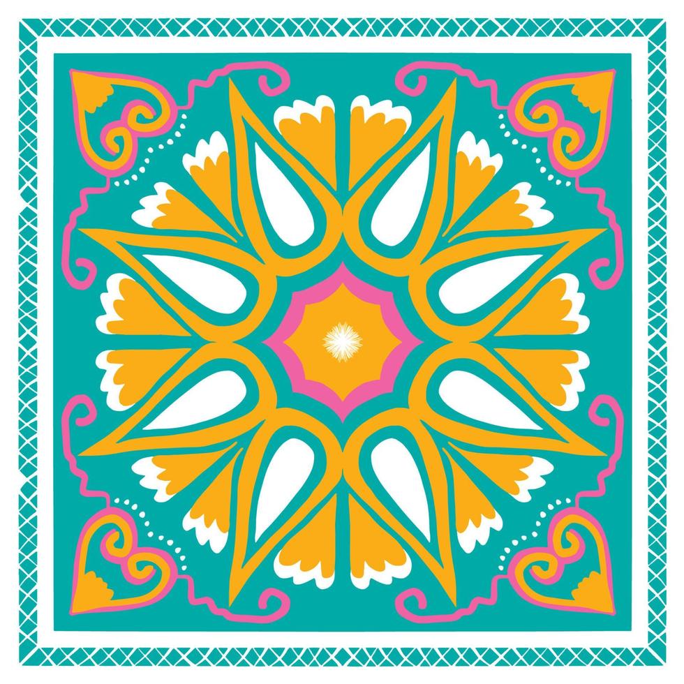 chal de bufanda amarillo, rosa, blanco sobre verde azulado. patrón geométrico étnico oriental diseño tradicional para fondo, alfombra, papel pintado, ropa, envoltura, batik, tela, estilo de bordado de ilustración vectorial vector