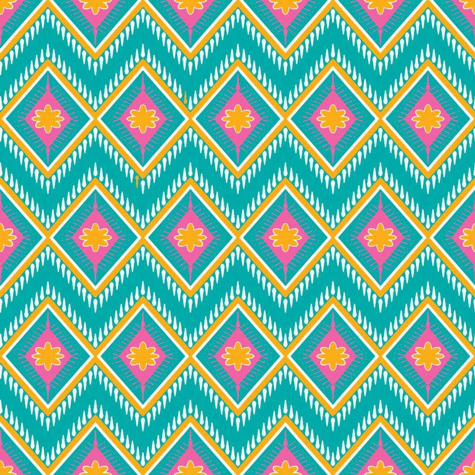 Yellow, Pink, White on Green Teal. Geometric ethnic oriental pattern traditional Design for background,carpet,wallpaper,clothing,wrapping,Batik,fabric,Vector illustration embroidery style vector