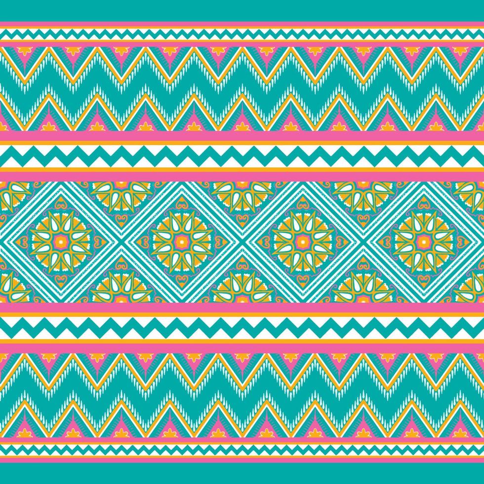 Yellow, Pink, White on Green Teal. Geometric ethnic oriental pattern traditional Design for background,carpet,wallpaper,clothing,wrapping,Batik,fabric,Vector illustration embroidery style vector