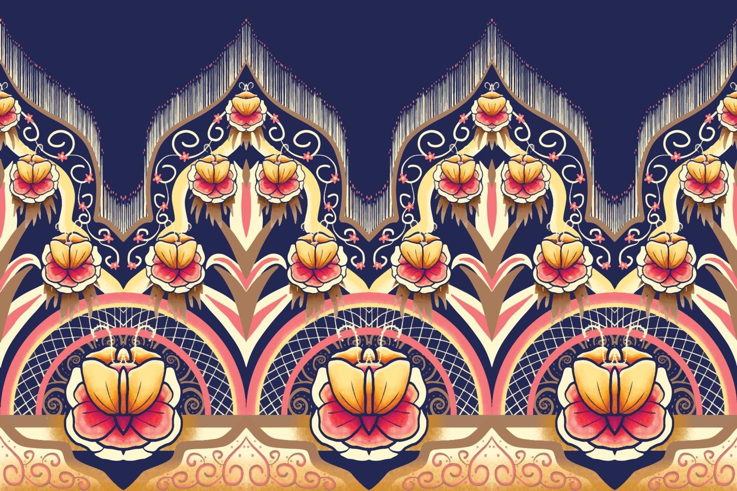 Pink Yellow Brown Flower on Navy Blue. Geometric ethnic oriental pattern traditional Design for background,carpet,wallpaper,clothing,wrapping,Batik,fabric, vector illustration embroidery style
