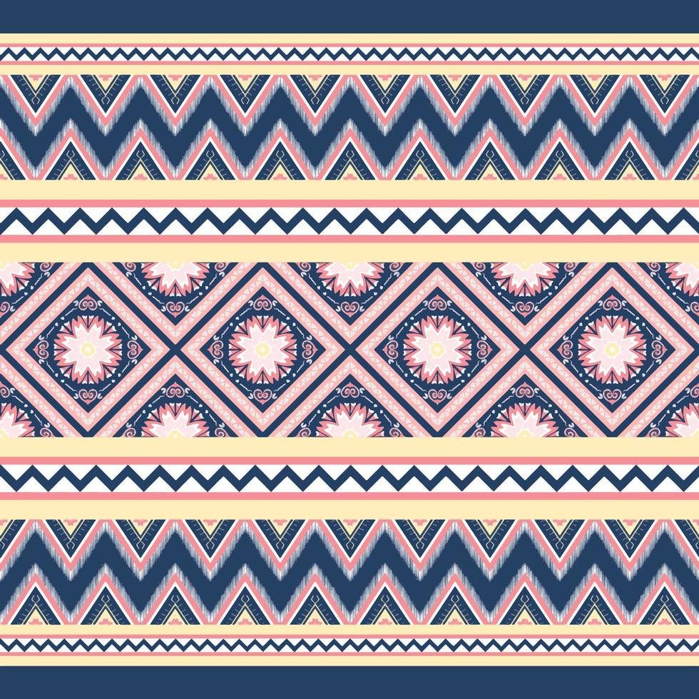 amarillo, rosa, blanco sobre azul índigo. patrón geométrico étnico oriental diseño tradicional para fondo, alfombra, papel pintado, ropa, envoltura, batik, tela, estilo de bordado de ilustración vectorial vector