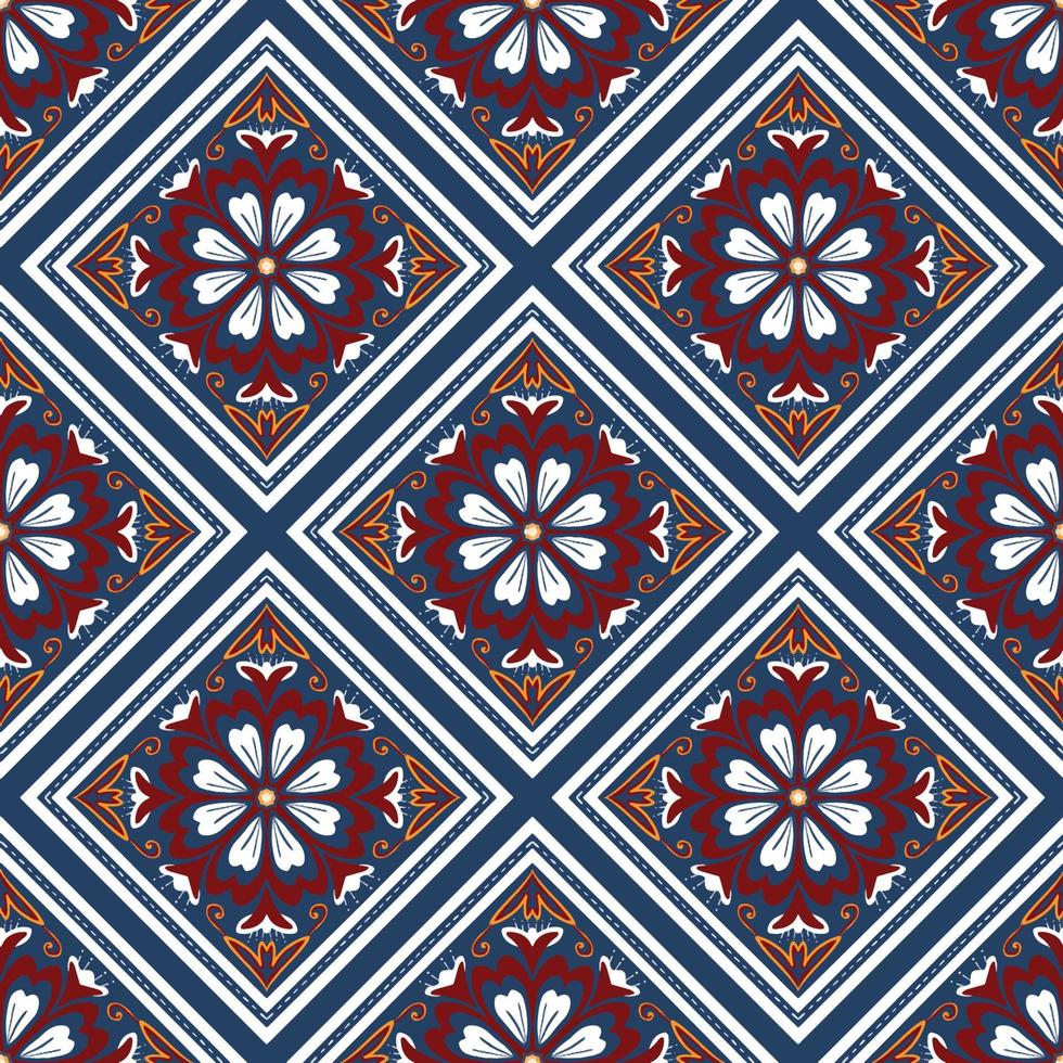 Red, Yellow, White on Navy Blue. Geometric ethnic oriental pattern traditional Design for background,carpet,wallpaper,clothing,wrapping,Batik,fabric, vector illustration embroidery style