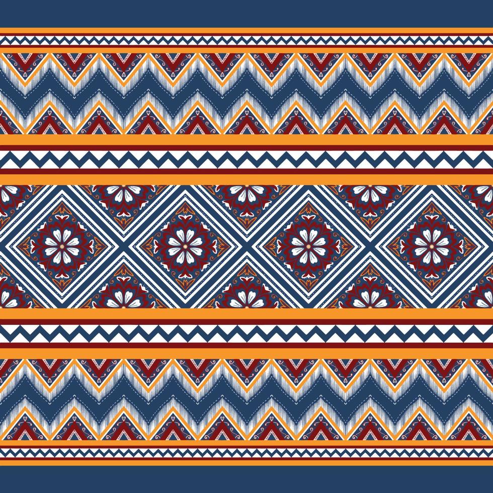 Red, Yellow, White on Navy Blue. Geometric ethnic oriental pattern traditional Design for background,carpet,wallpaper,clothing,wrapping,Batik,fabric, vector illustration embroidery style