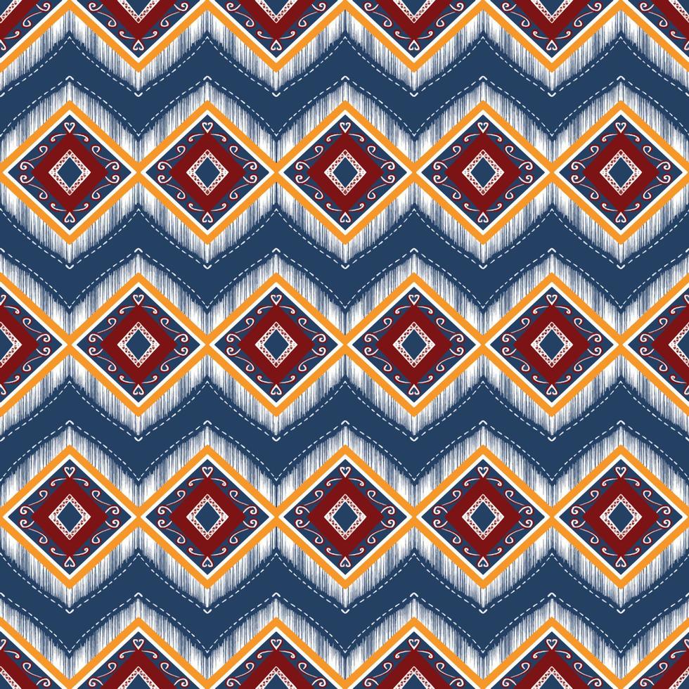 Red, Yellow, White on Navy Blue. Geometric ethnic oriental pattern traditional Design for background,carpet,wallpaper,clothing,wrapping,Batik,fabric, vector illustration embroidery style