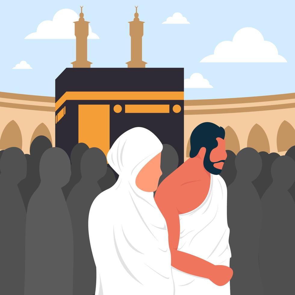 Vector of a muslim husband and wife doing tawaf around the kaaba, Template, Vector illustration eps.10