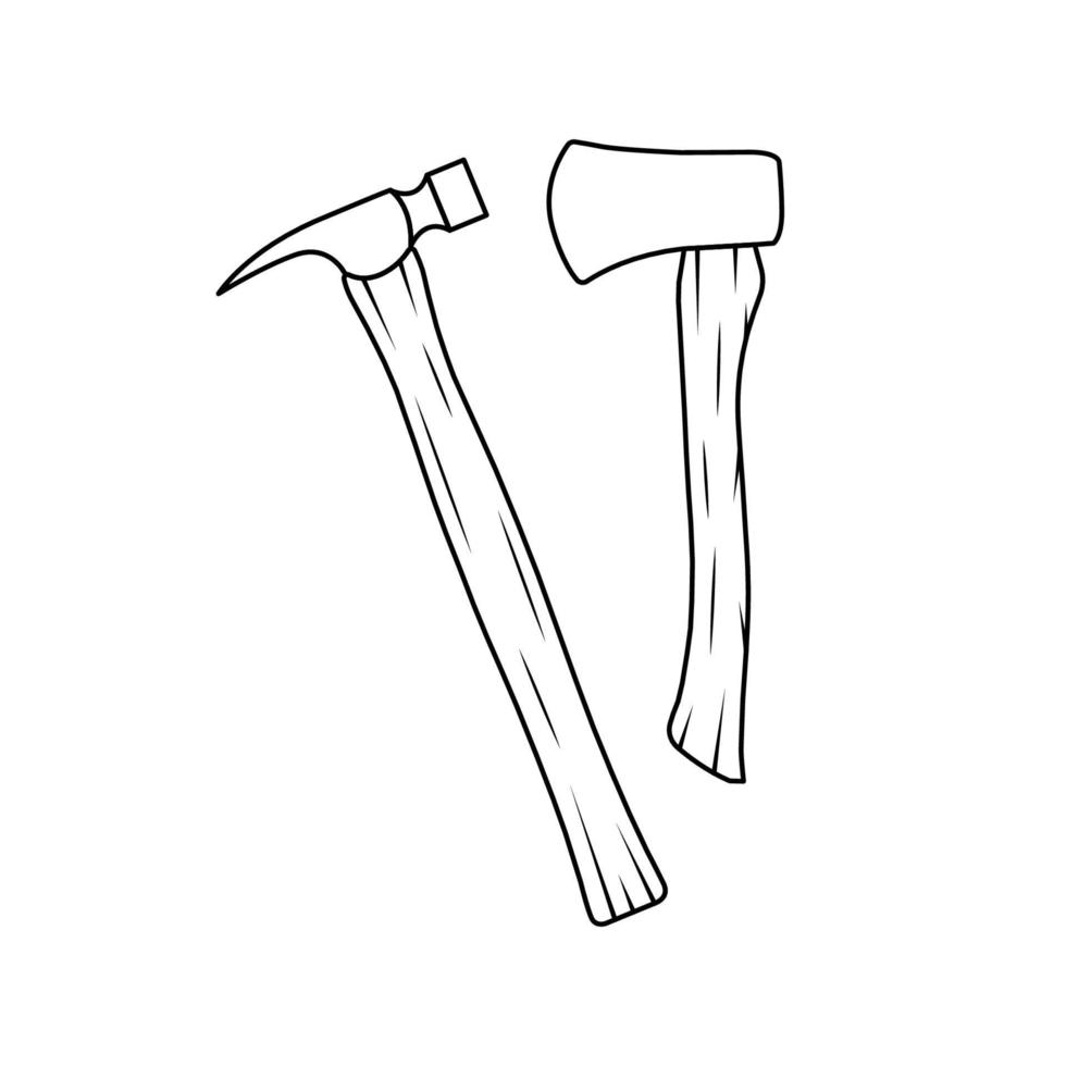 Wooden Axe and Wooden Hammer Outline Icon Illustration on White Background vector