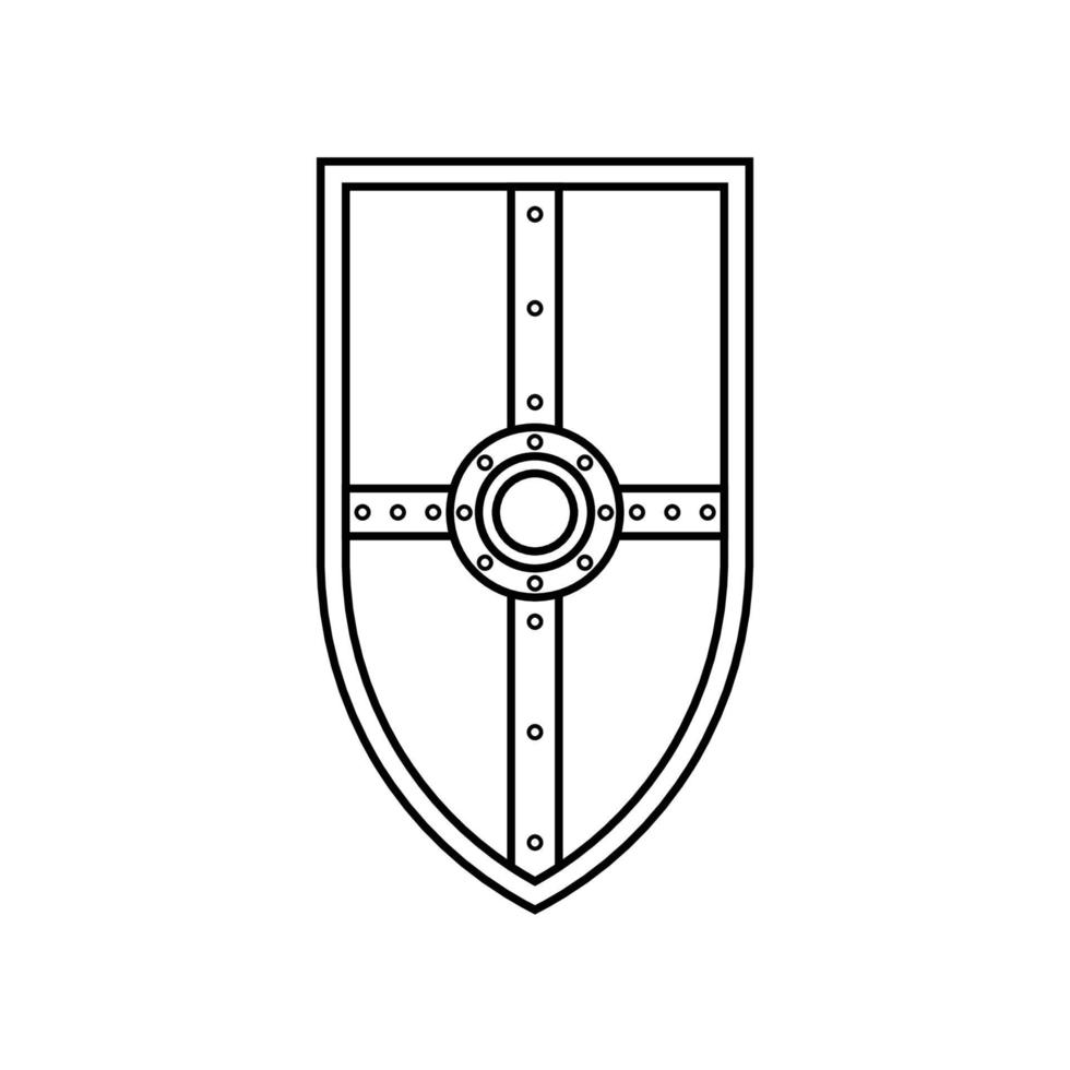 escudo con icono cruzado en blanco y negro en estilo de esquema sobre un fondo blanco adecuado para logotipo, militar, icono de seguridad. aislado vector