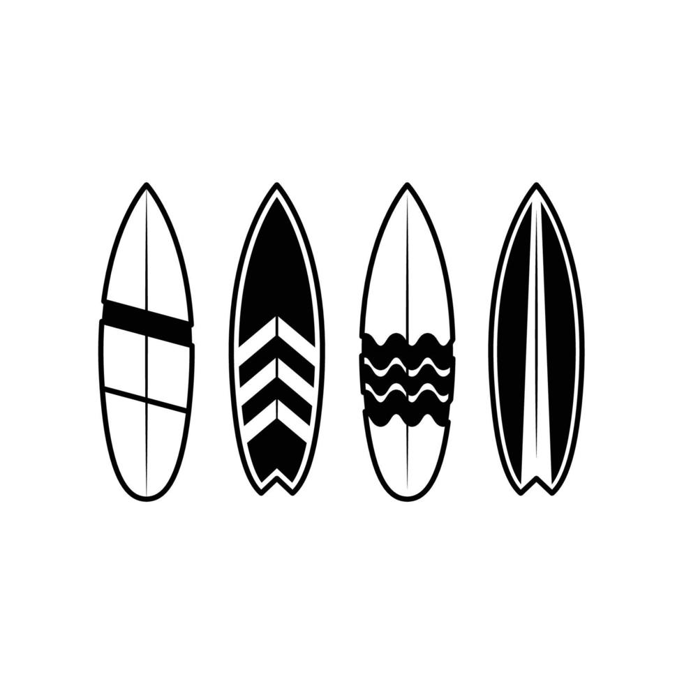 icono blanco y negro de la tabla de surf en un estilo de contorno relleno sobre un fondo blanco adecuado para el verano, el deporte, el icono del surf. aislado vector