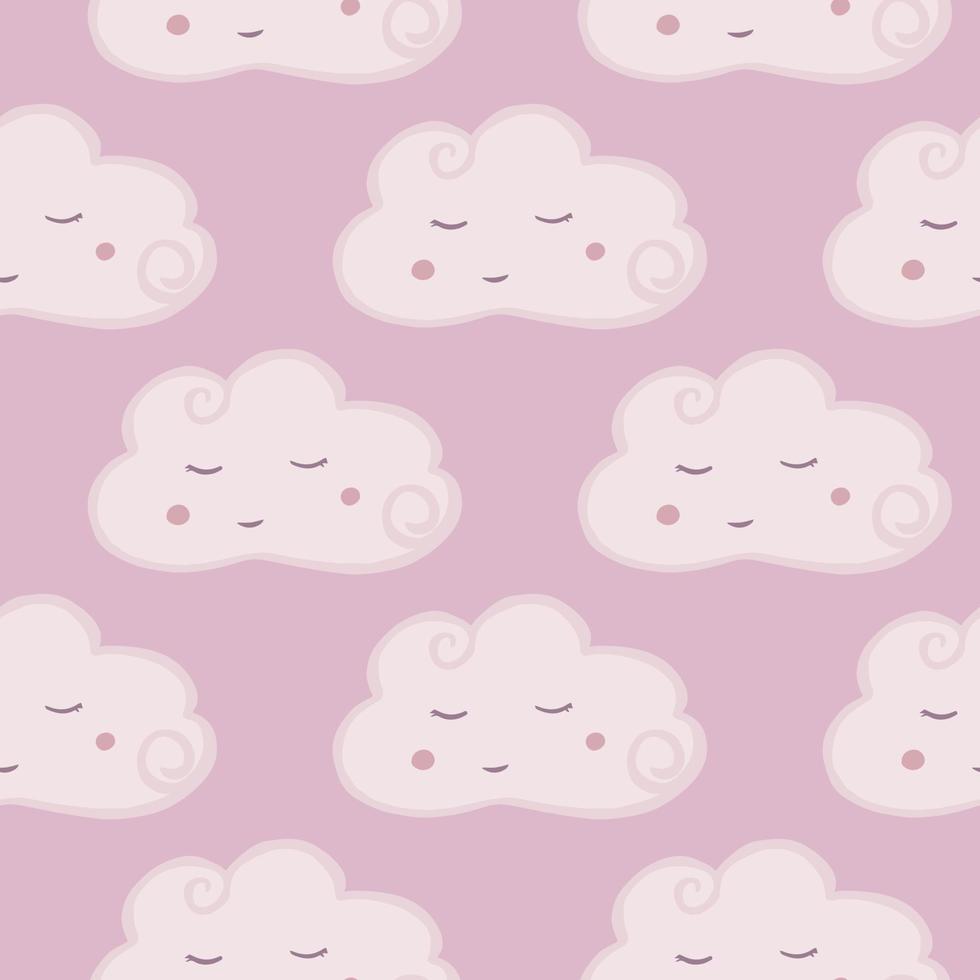 Cute pink cloud seamless pattern. Hand drawn character cloud sky wallpaper. Pastel colors. vector