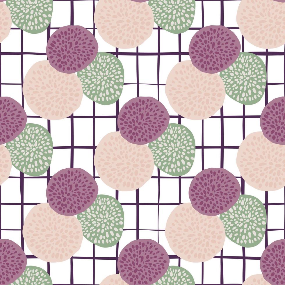 círculos de puntos patrón de garabato brillante con fondo blanco a cuadros. elementos de figura púrpura, verde claro y rosa. vector
