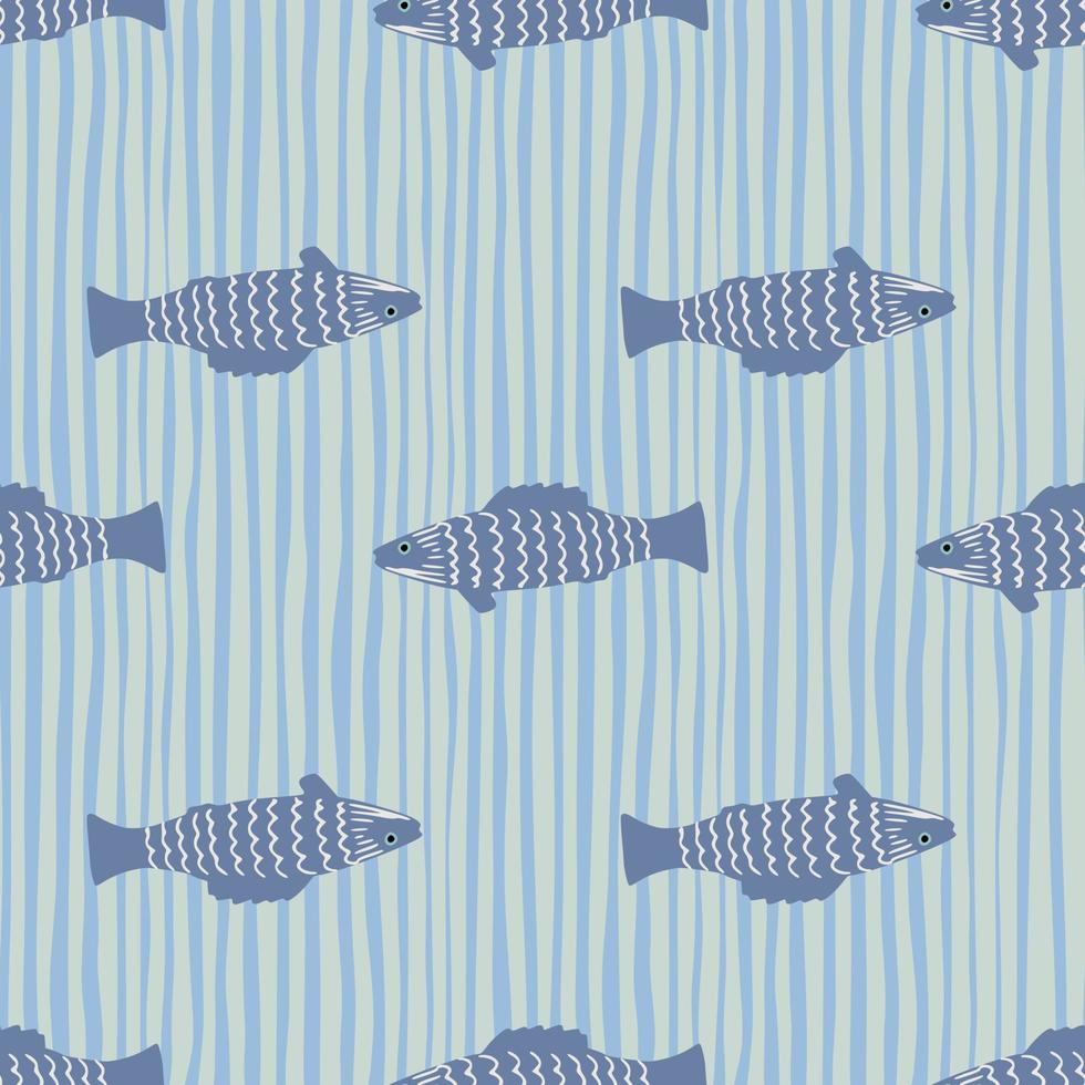Dark blue stylized fish elements seamless pattern. Doodle aquatic ornament with stripped background. vector