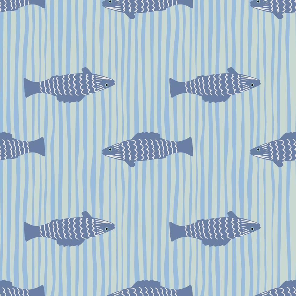 Dark blue stylized fish elements seamless pattern. Doodle aquatic ornament with stripped background. vector