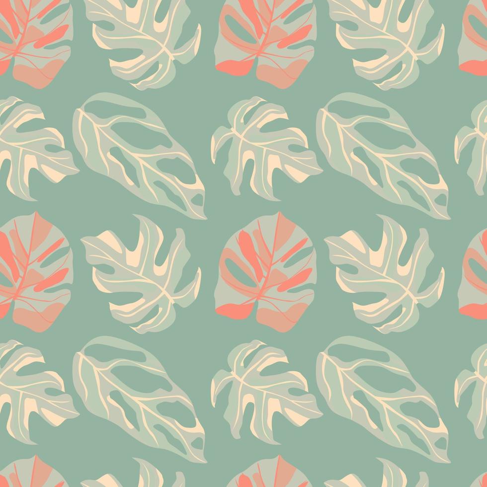 Pastel palette seamless doodle pattern with monstera silhouettes. Light turquoise background with pink floral elements. vector