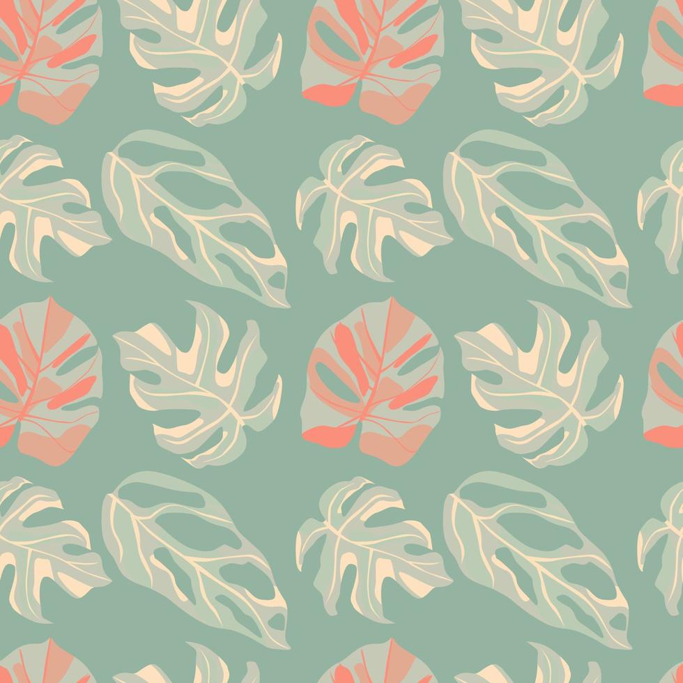 Pastel palette seamless doodle pattern with monstera silhouettes. Light turquoise background with pink floral elements. vector