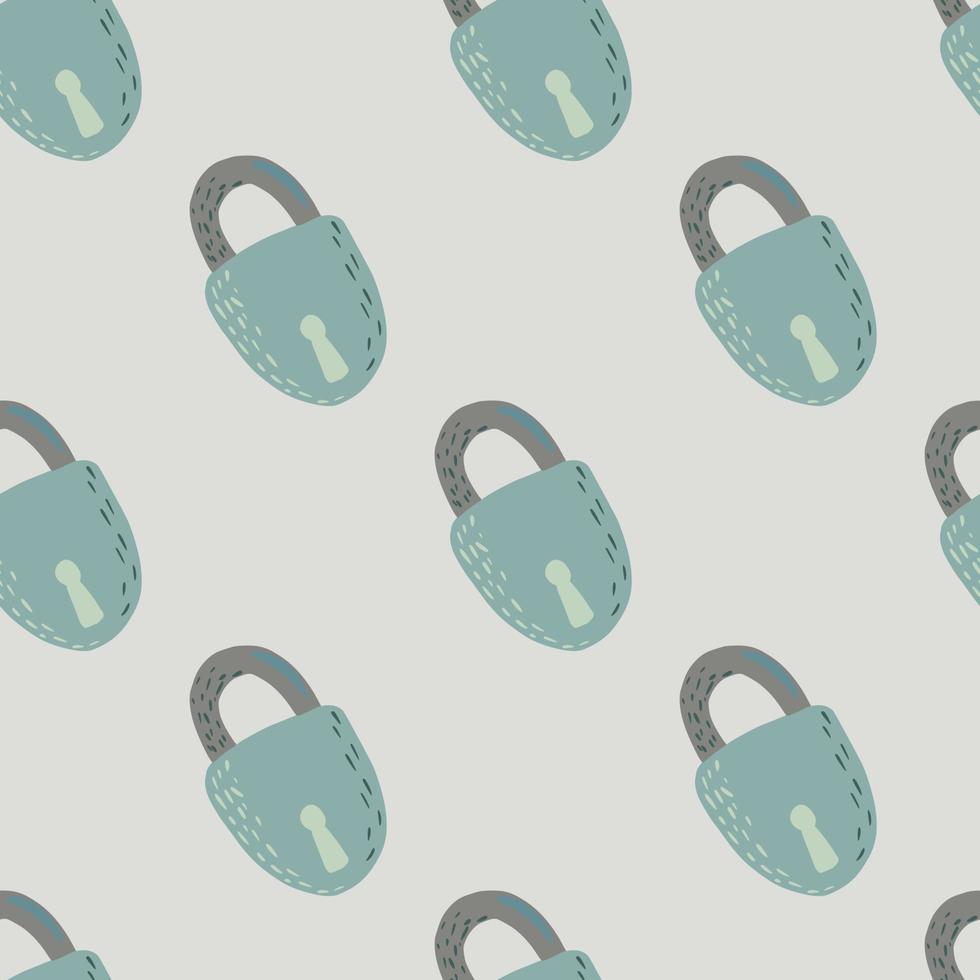 Minimalistic seamless pattern with doodle vintage lock print. Stylized old artwork with blue pale door elements and grey background. vector