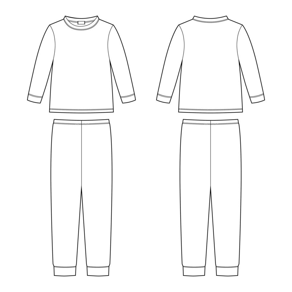 Childrens pajamas technical sketch. Cotton sweatshirt and pants. KIds nighwear design template vector