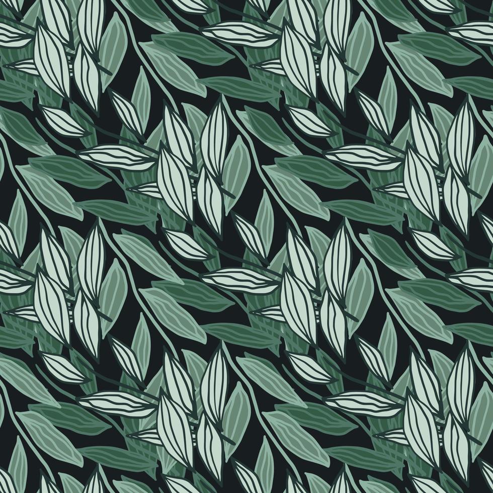Floral seamless pattern with outline foliage silhouettes on black background. Green contoured botanic ornament. vector
