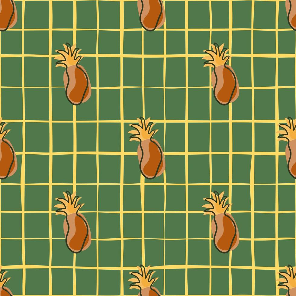 Geometric style seamless pattern with doodle pineapples shapes. Green chequered background. vector