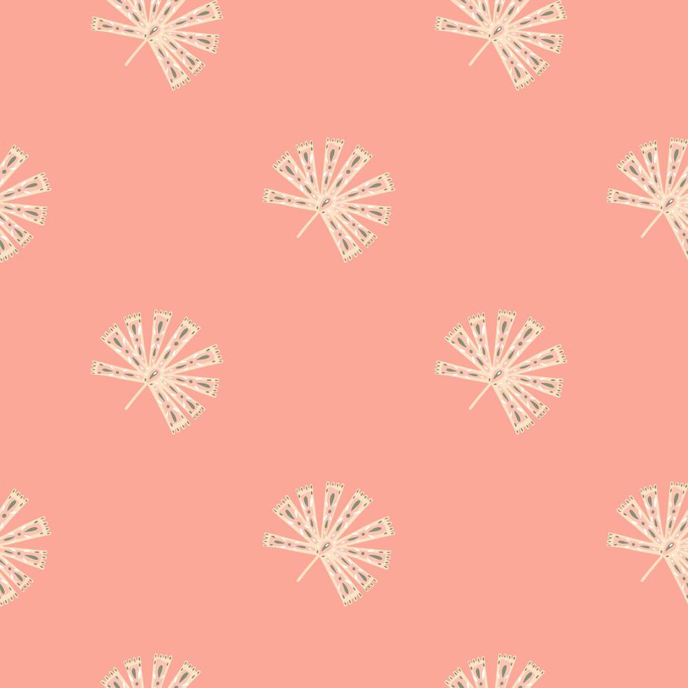 Seamless tropic pattern in minimalistic style with doodle white folk licuala palm shapes. Pink background. vector