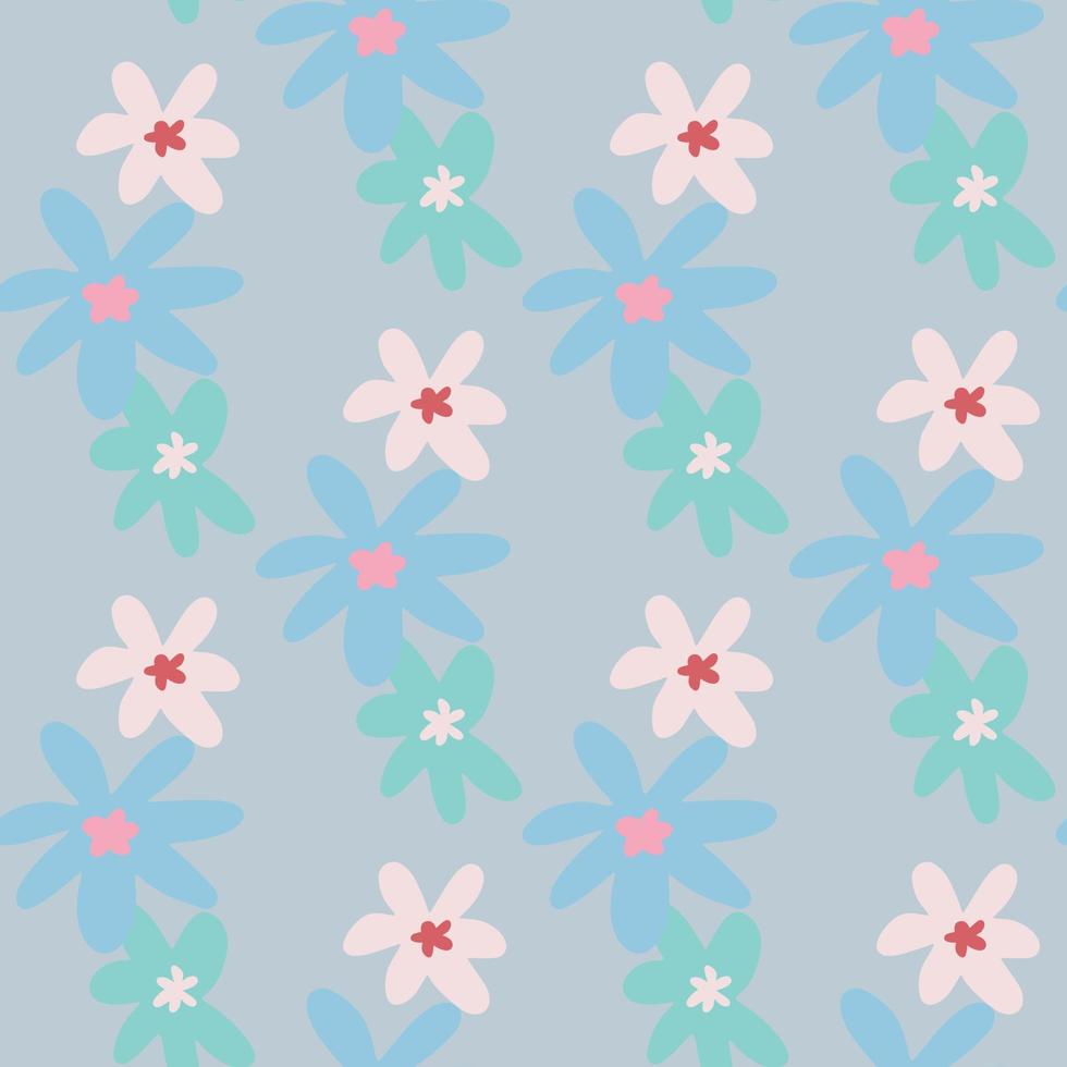 Seamless doodle pattern with chamomile floral ornament on blue background. Simple backdrop. vector