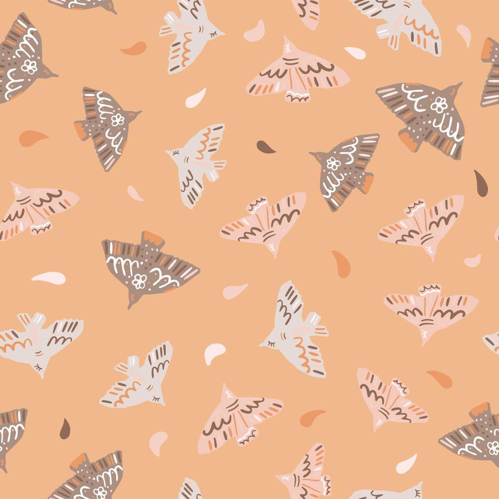 Pastel tender seamless pattern with bird ornament. Soft orange background with white and beige bird silhouettes. vector