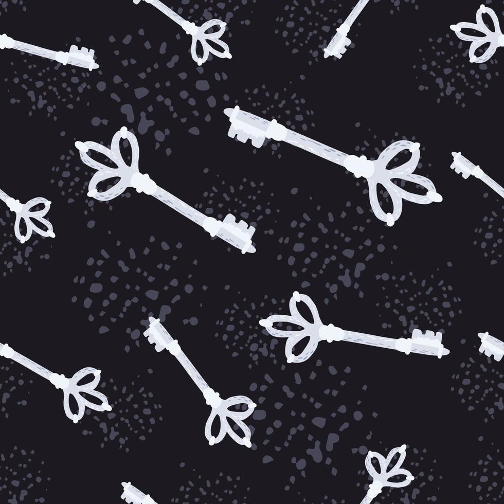 Random seamless pattern with keys doodle silhouettes. White different sizes secret shapes on black background with splashes. vector