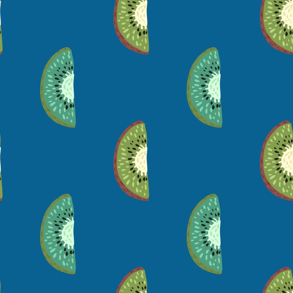 Seamless minimalistic style pattern with green and blue colored kiwi ornament. Navy blue background. vector