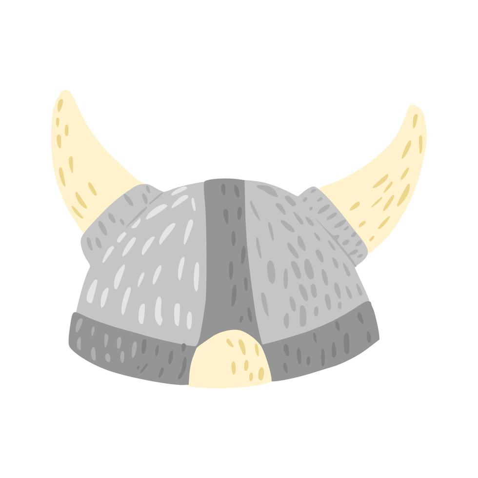 Helmet with horns isolated on white background. Cartoon cute weapon of viking in doodle style. vector