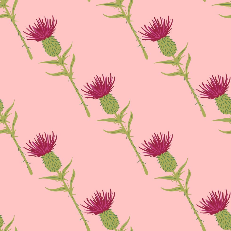 Bright summer botanic seamless pattern with burdock flowers. Pink and green colored stylized ornament on light pink background. vector