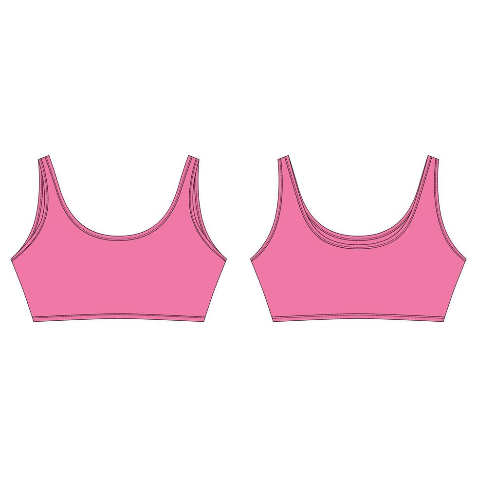 Technical sketch of bright pink color crop top. Sport bra isolated on white background. Yoga underwear design template. vector