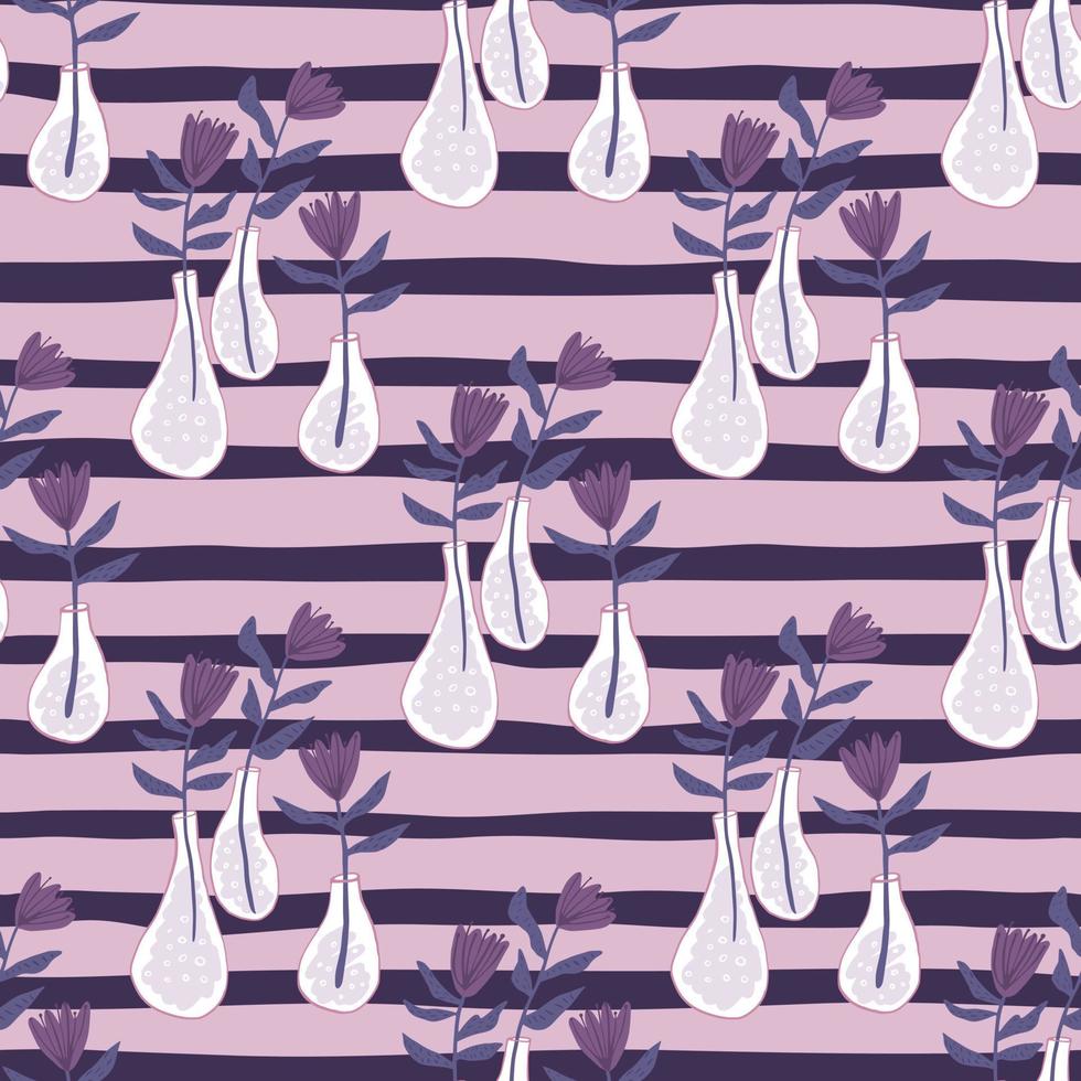 Floral seamless pattern with hand drawn flowers ornament. White vases, stripped background. Artwork in purple tones. vector