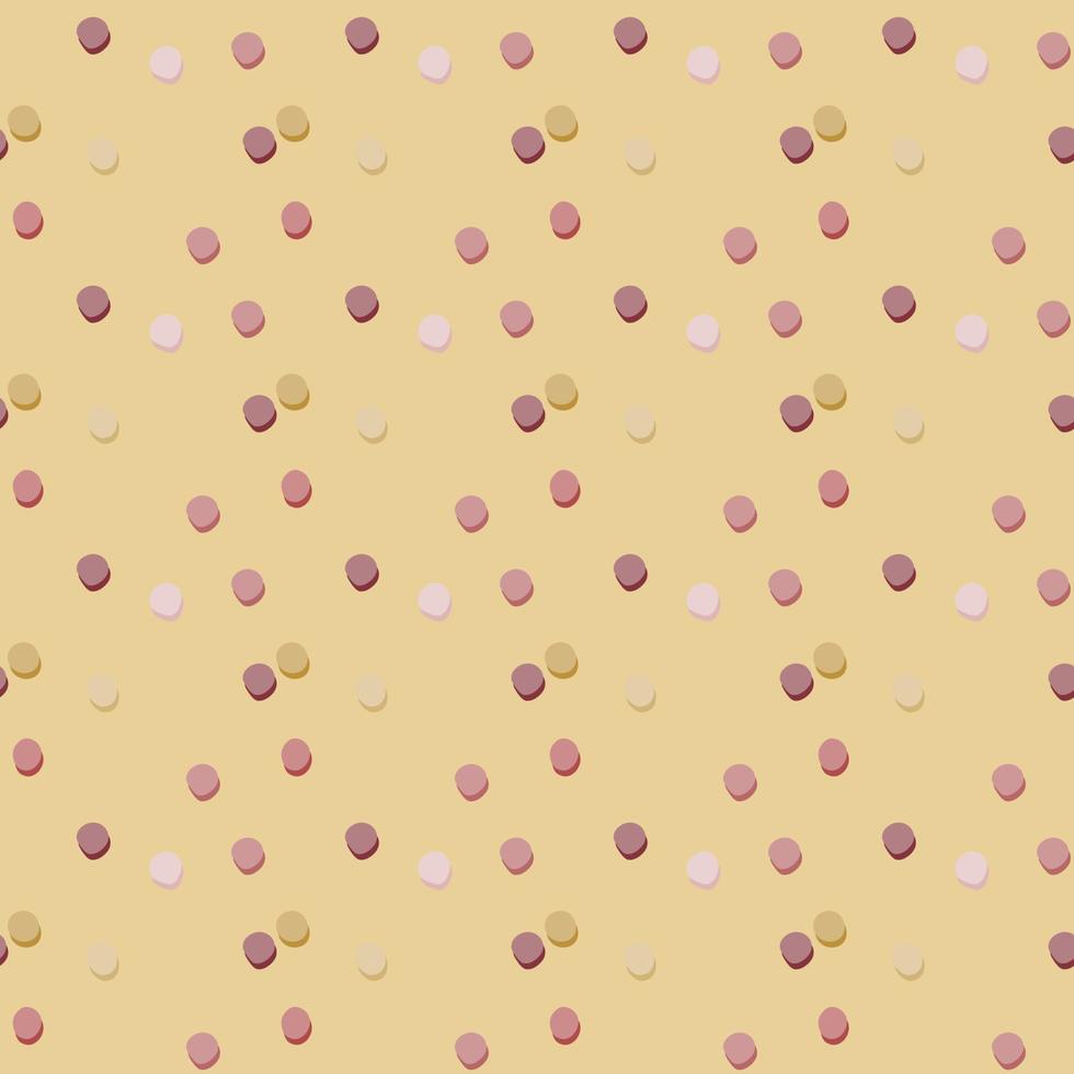 Random located polka dot geometric pattern. Beige background and purple, lilac and white dots. vector