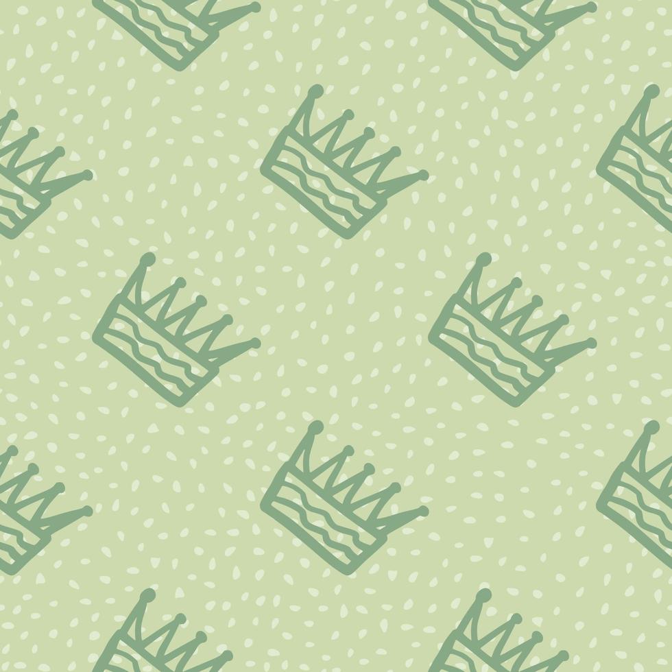 Simple seamless pattern with contoured crowns silhouettes. Green background with dots. vector