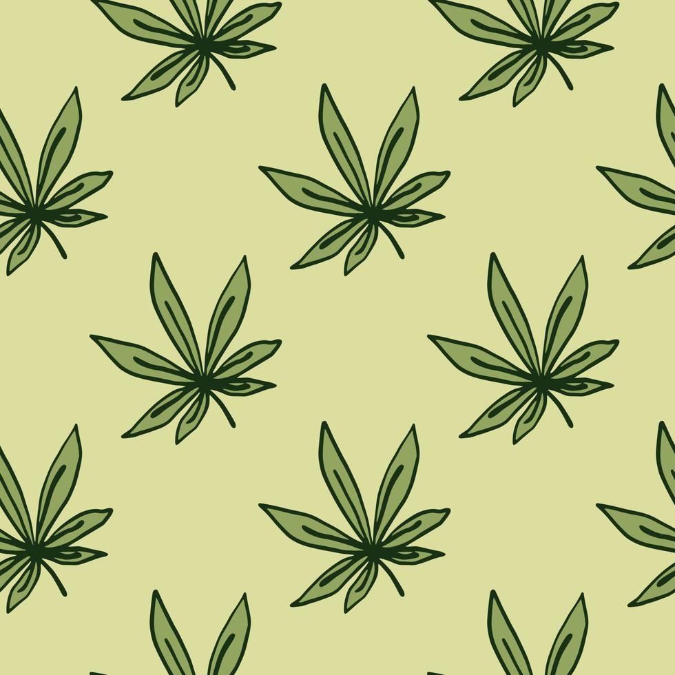 Seamless pattern with outlined ganja ornament. Cannabis leaves in green color on light pastel yellow background. vector