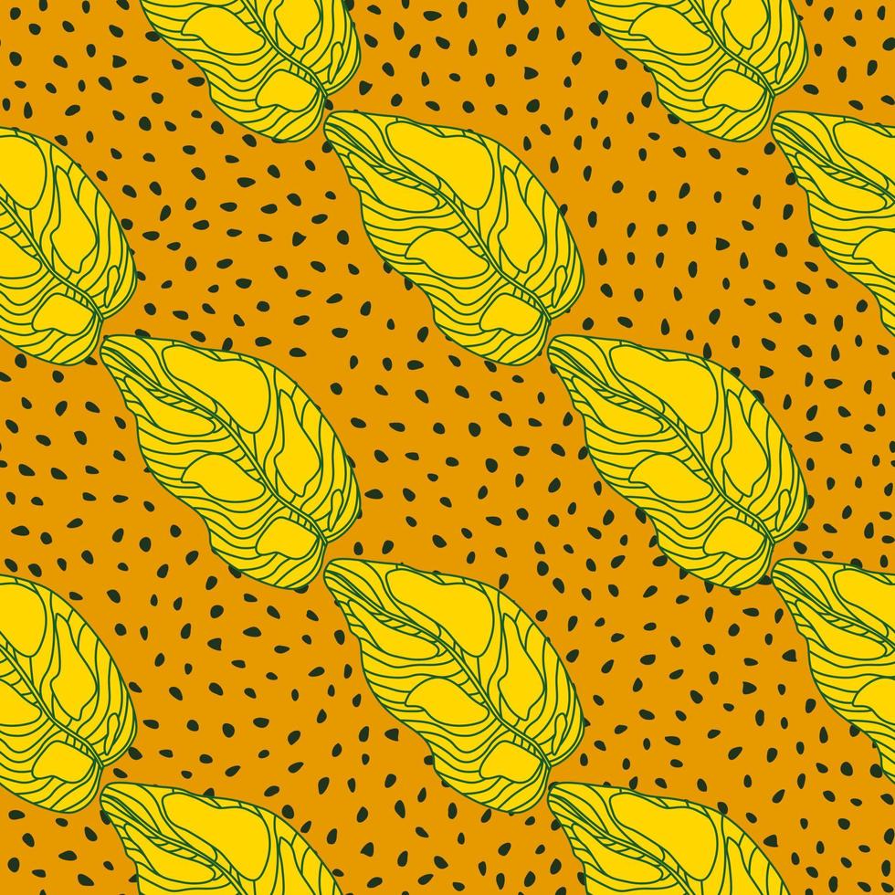 Scrapbook botanic seamless pattern with outline yellow leaf shapes. Orange dotted background. vector